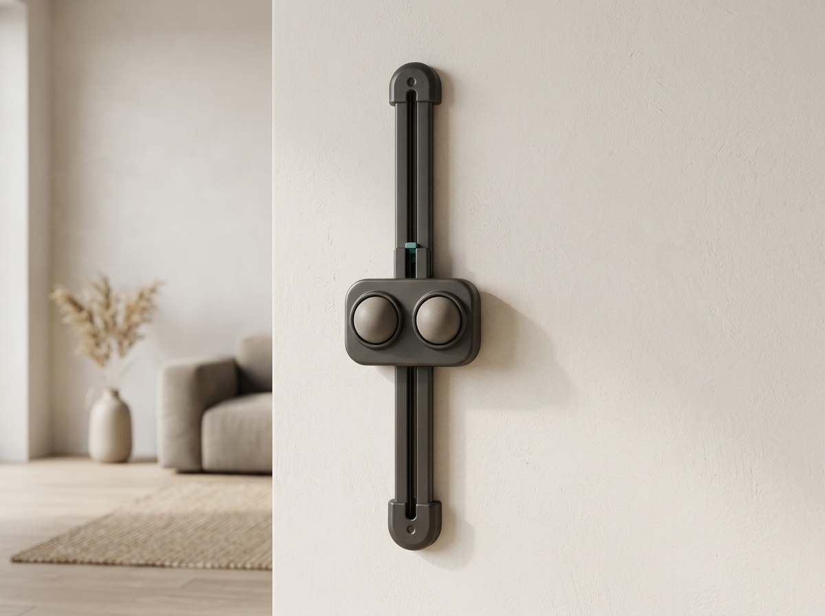 Lumbar wall-mounted back massager: matte charcoal rail with two rotating ball nodes