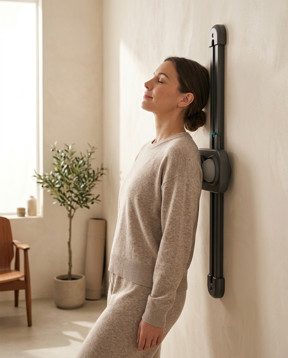 A woman using the wall-mounted Lumbar rail in a minimal studio flat